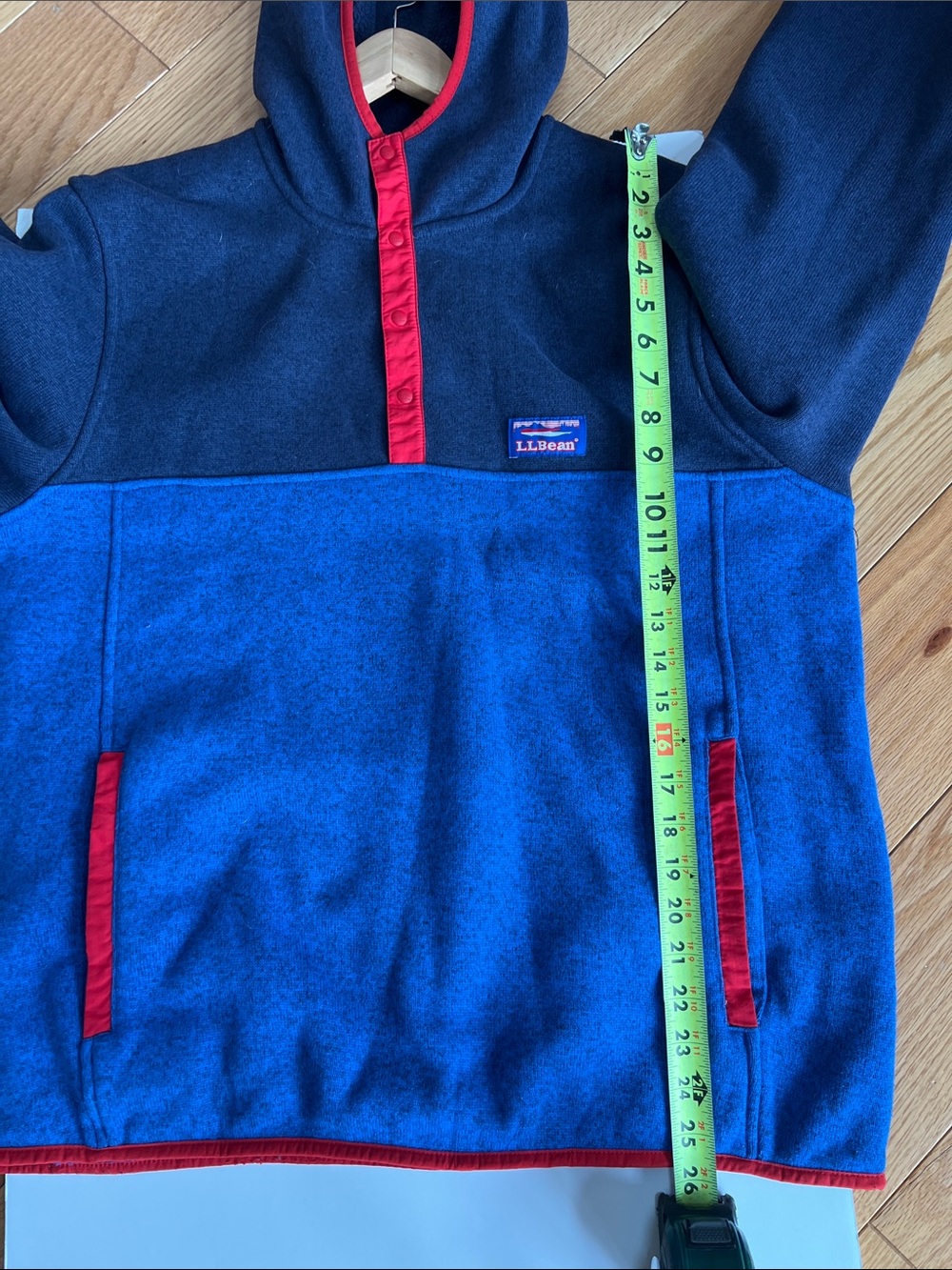L.L.Bean Navy & Bright Blue Hooded Fleece pullover colorblock with Red Trim - Picture 7 of 7